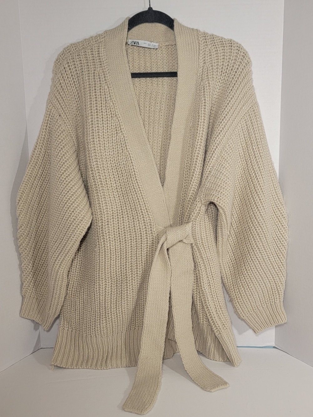 Zara Cream Ribbed Wrap Cardigan with Tie